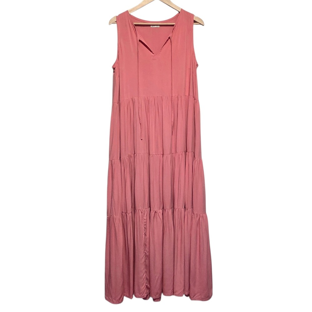 Nuage Bleu Maui Pink Tiered Maxi Dress Boho Romantic Womens M Peasant Beach